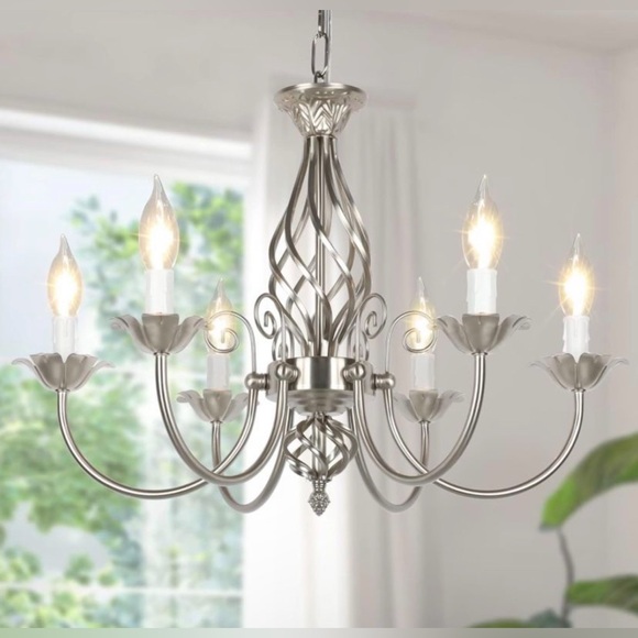22 inch 6-Light Farmhouse Candle Chandelier  Satin Nickel Rustic